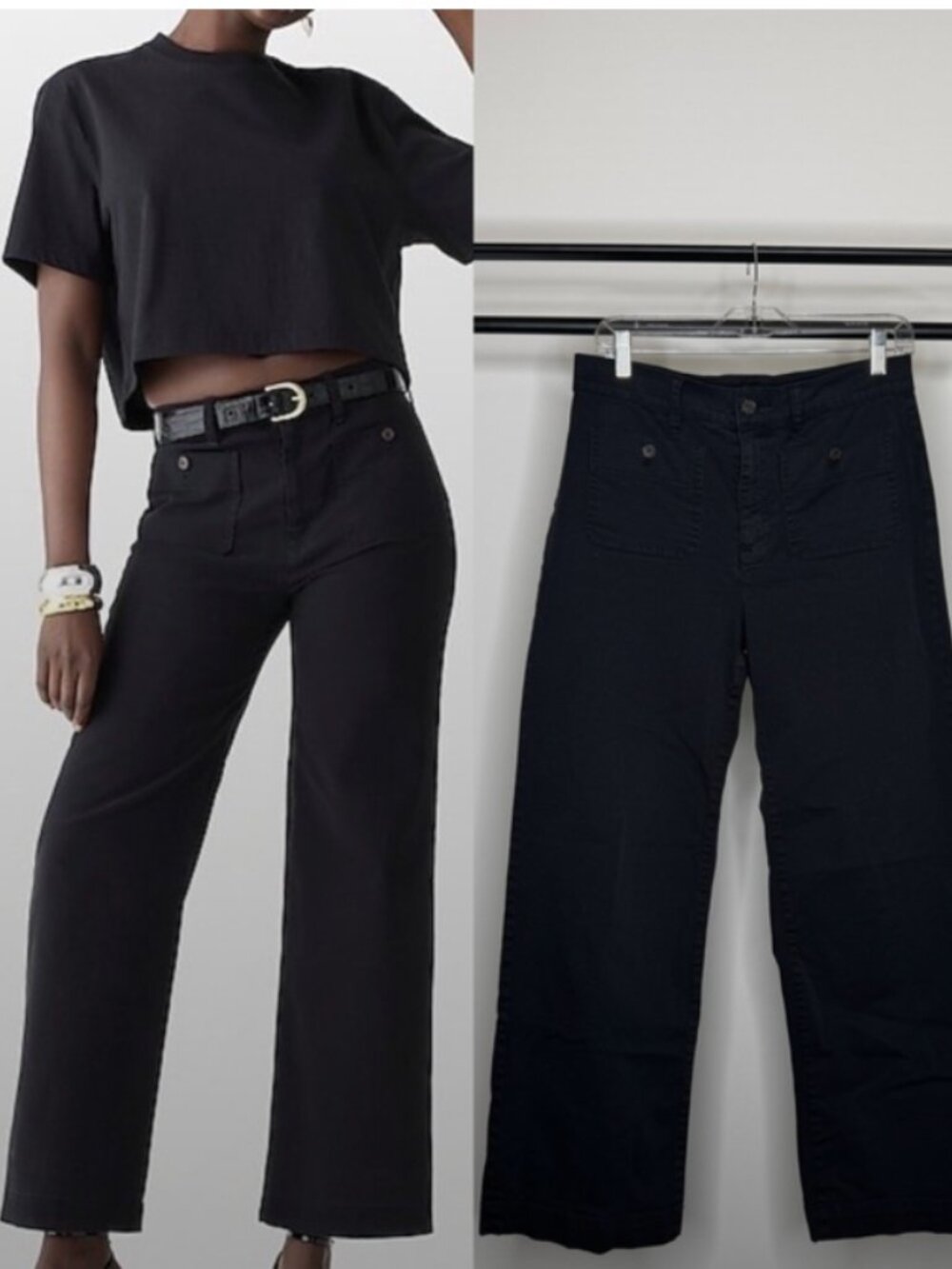 J. Crew Black Sailor Slim Wide Leg Chino Pant Cropped size 28T Tall Inseam BY638